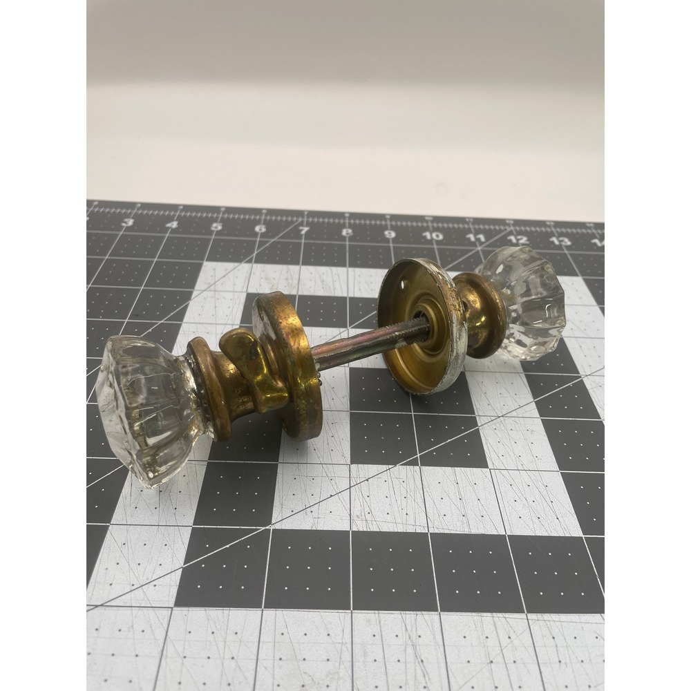 Vintage Glass Door Knob Set with Brass Hardware Architectural Salvage With Lock